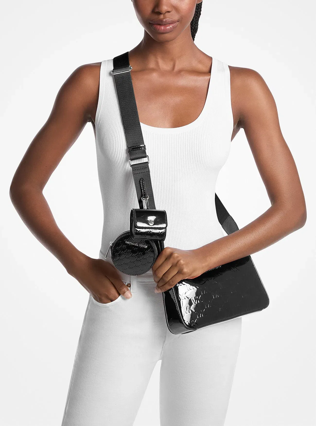 Michael Kors Jet Set Small Patent Logo Debossed Crossbody Bag with Case for Apple Airpods Pro® Black