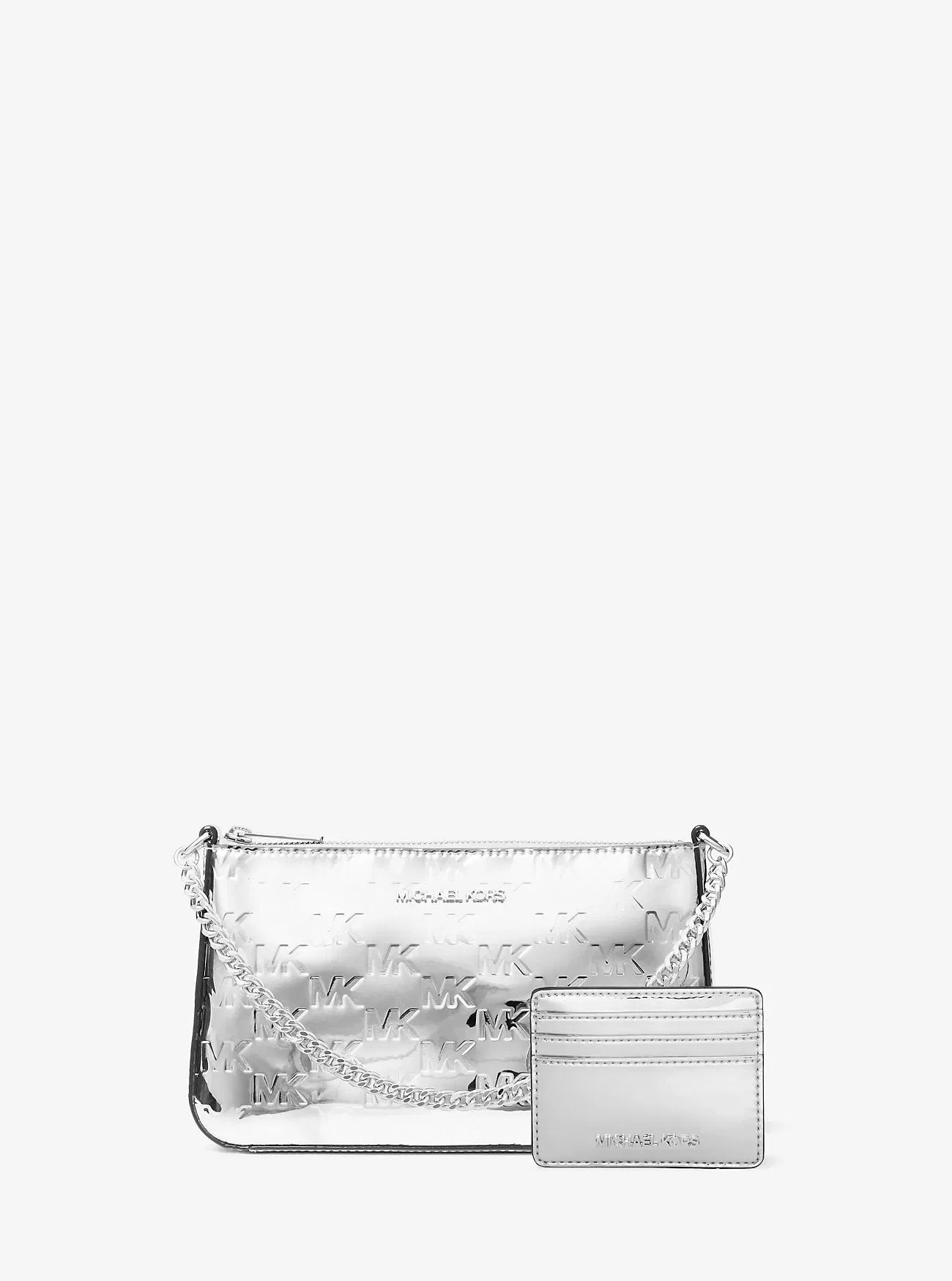 Michael Kors Jet Set Patent Logo Debossed Pochette and Card Case Gift Set Silver