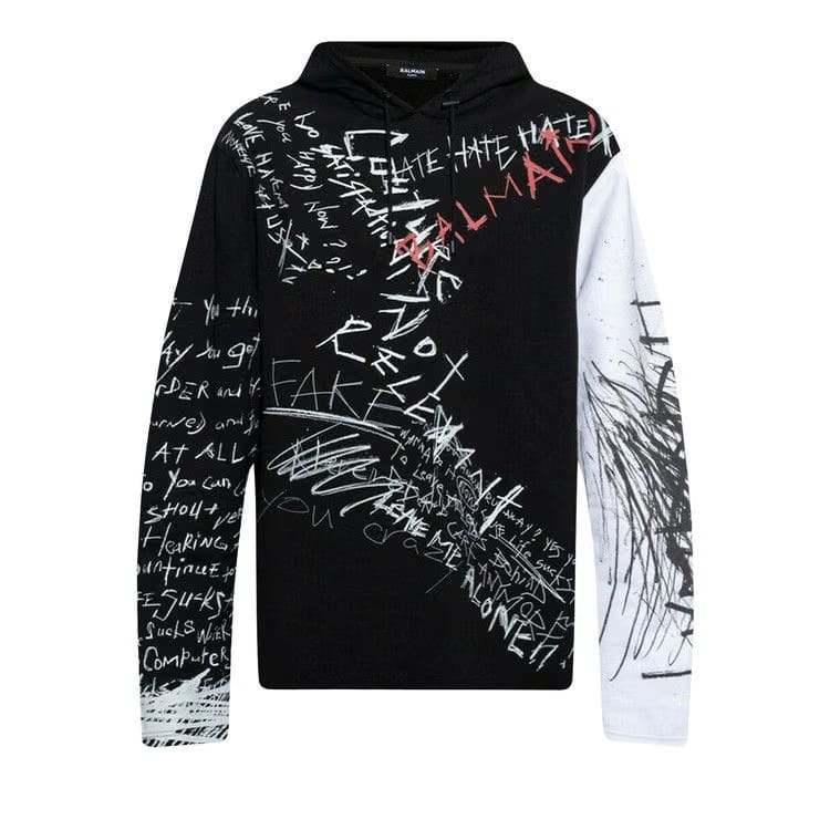 Balmain Graffiti Print Pullover Hoodie Black