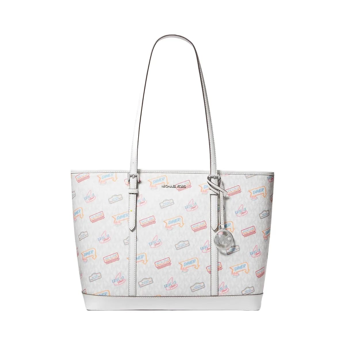 Michael Kors Jet Set Large Printed Signature Logo Tote Bag Optic White