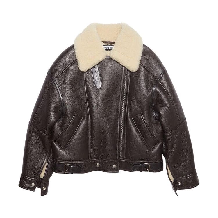 Acne Studios Leather Shearling Jacket Dark Brown/Beige
