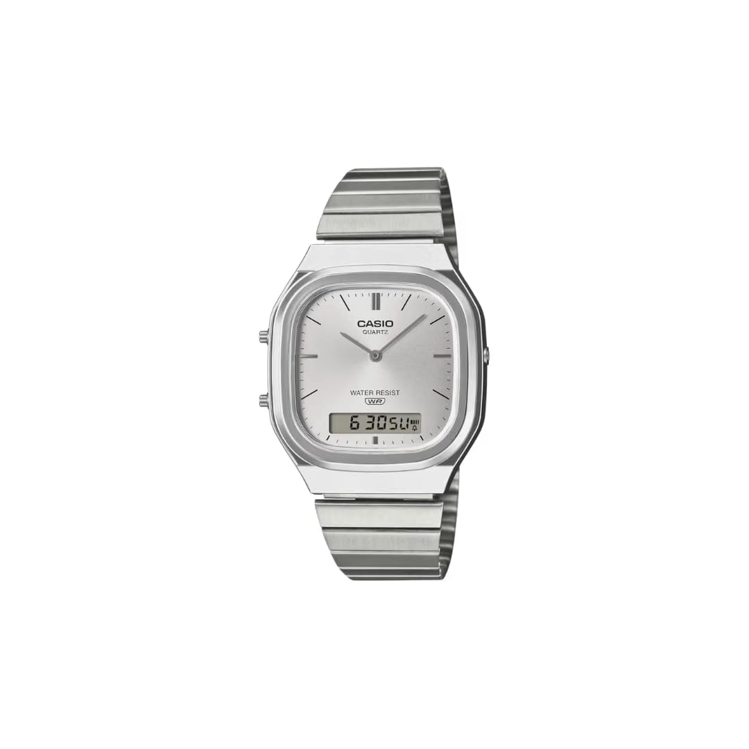 Casio Vintage AQ-240E-7A Silver Dial Analog Digital Stainless Steel Watch with Dual Time
