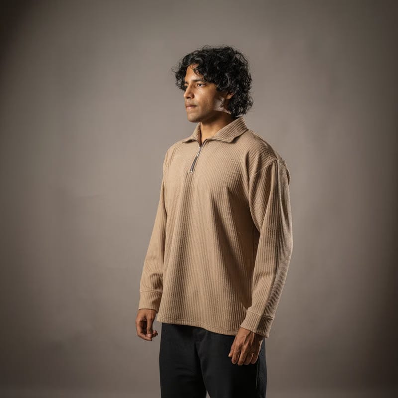 Brown Full Sleeves Quarter Zip