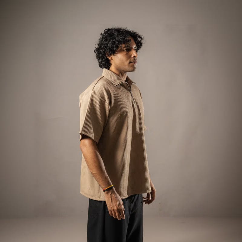 Brown Half Sleeves Quarter Zip