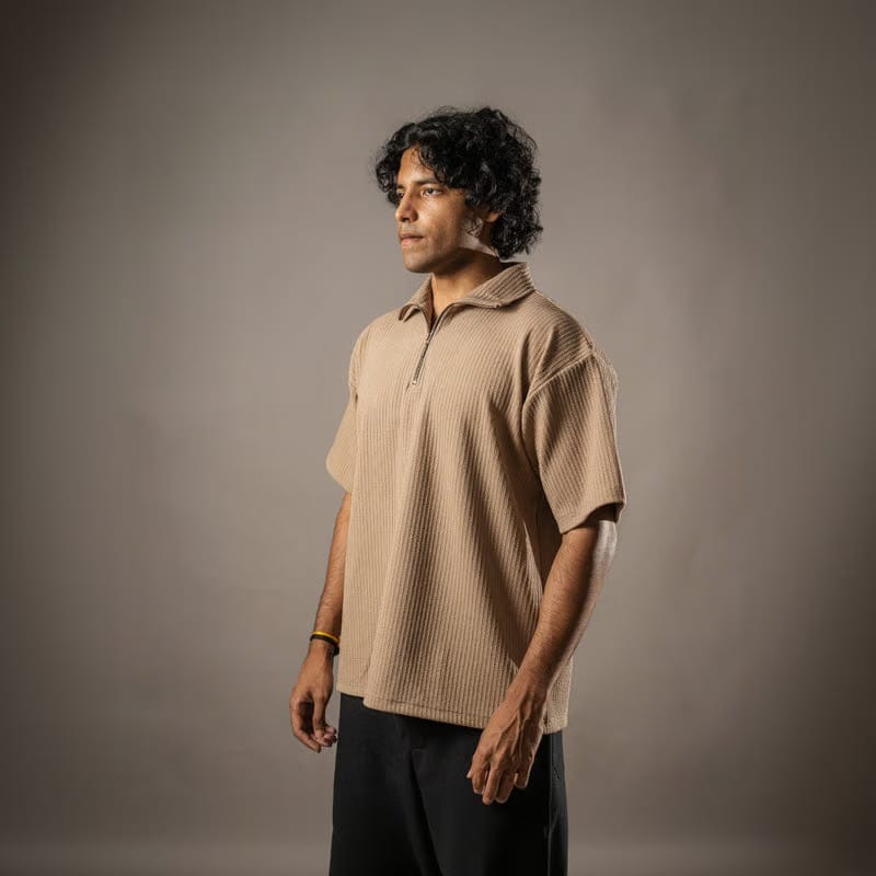 Brown Half Sleeves Quarter Zip