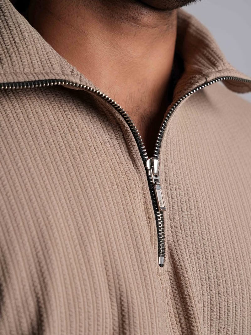 Brown Half Sleeves Quarter Zip