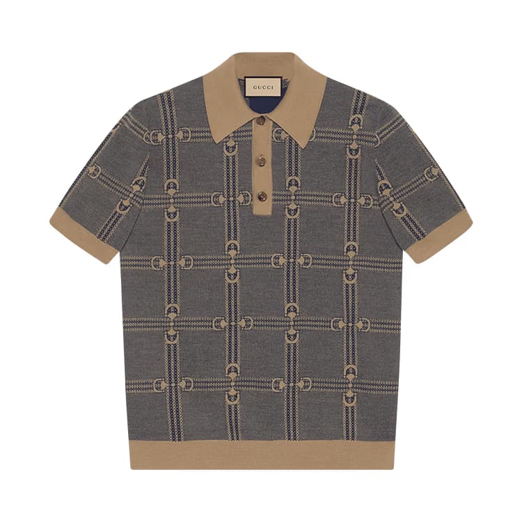 Gucci Horsebit Jacquard Knit Polo Blue/Camel