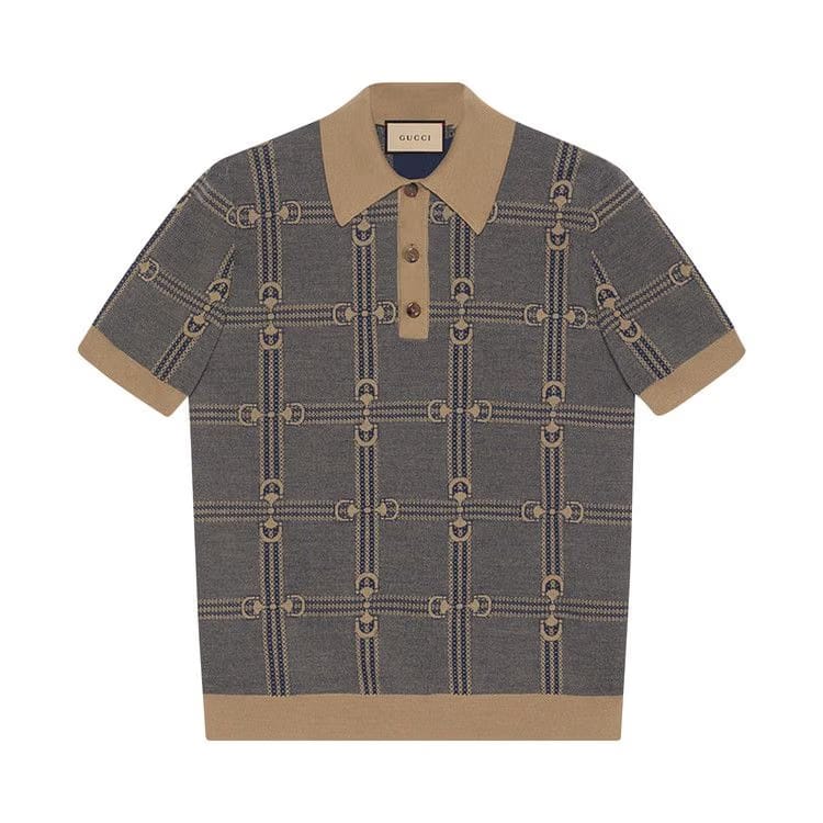 Gucci Horsebit Jacquard Knit Polo Blue/Camel