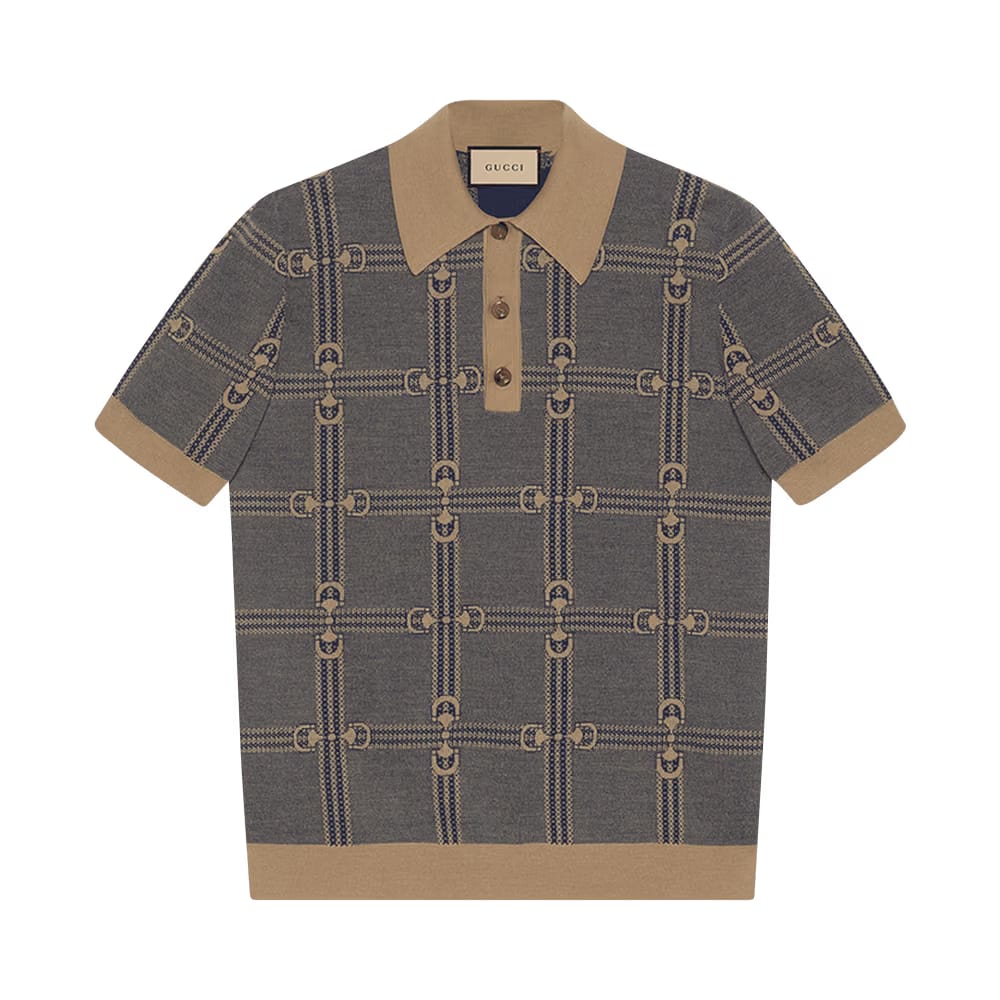 Gucci Horsebit Jacquard Knit Polo Blue/Camel