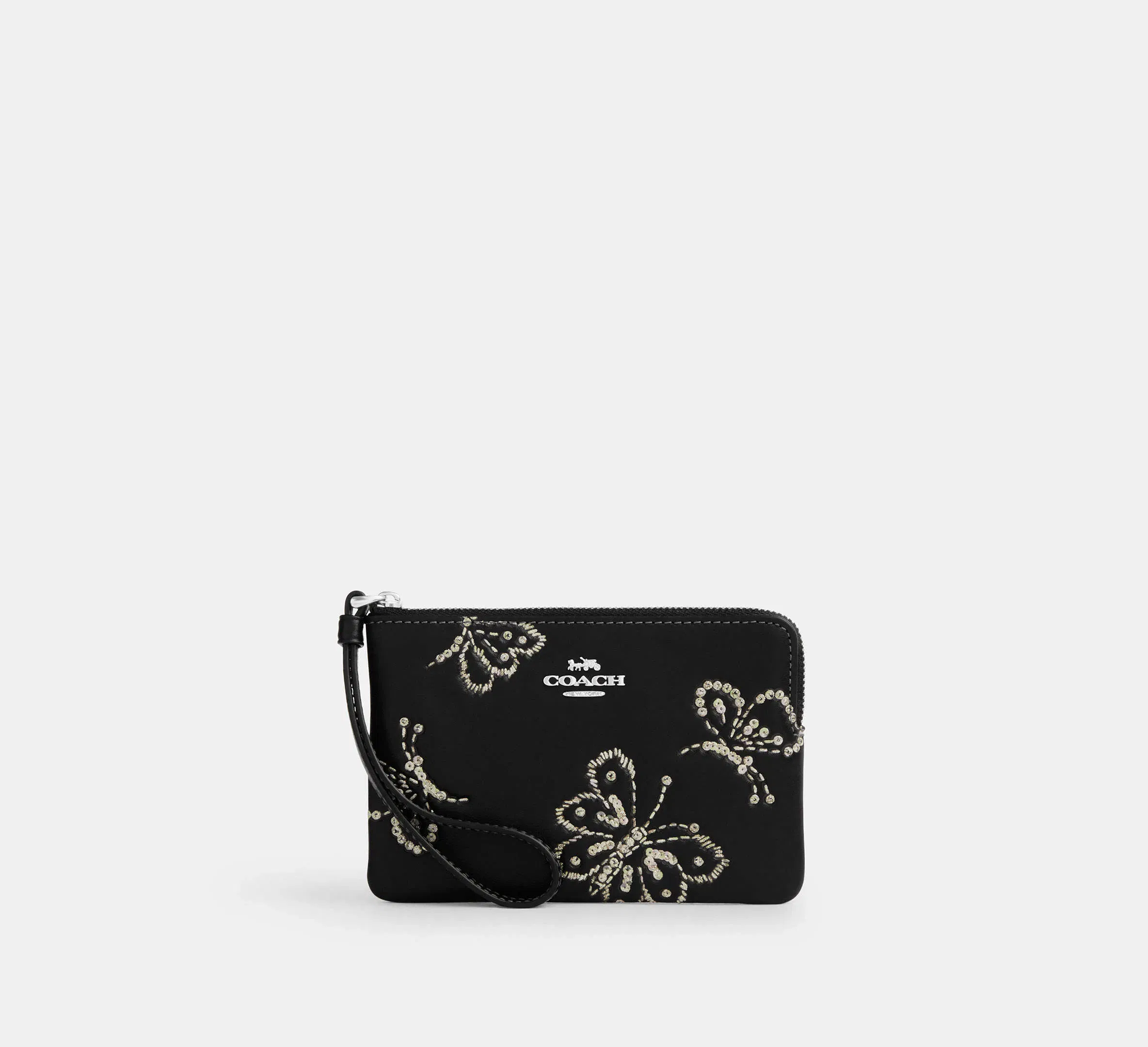 Corner Zip Wristlet With Sparkly Butterfly Print