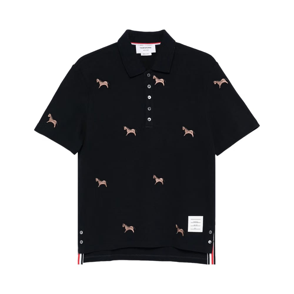 Thom Browne Horse Embroidery Shorts-Sleeve Polo Shirt Navy