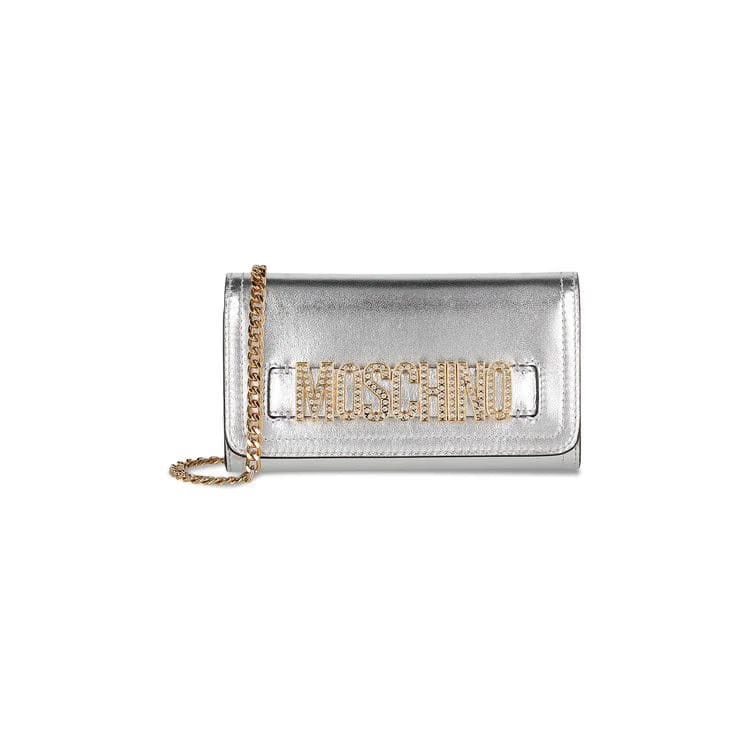 Moschino Crystal Embellished Belt Logo Lettering Crossbody Bag Fantasy Print/Nickel