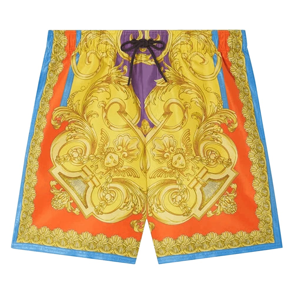 Versace Barocco Goddess Print Mid Length Swim Shorts Dark Orchid/Sun