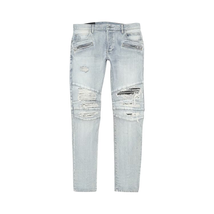 Balmain Ribbed Patches Slim Jeans-Distressed Bleu Jean Clair