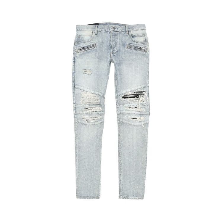 Balmain Ribbed Patches Slim Jeans-Distressed Bleu Jean Clair