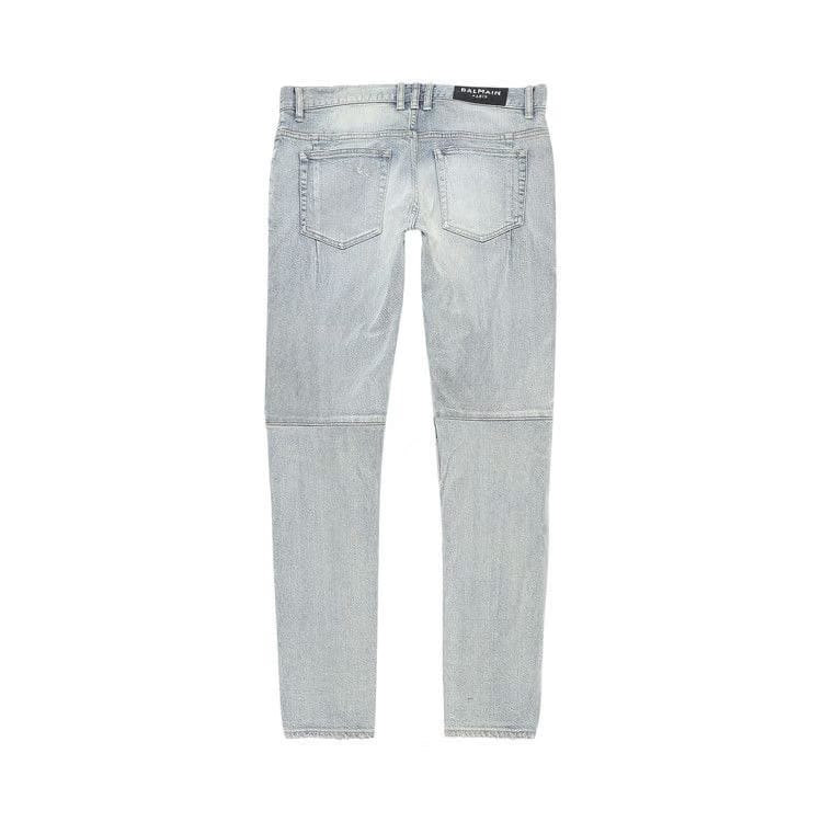 Balmain Ribbed Patches Slim Jeans-Distressed Bleu Jean Clair