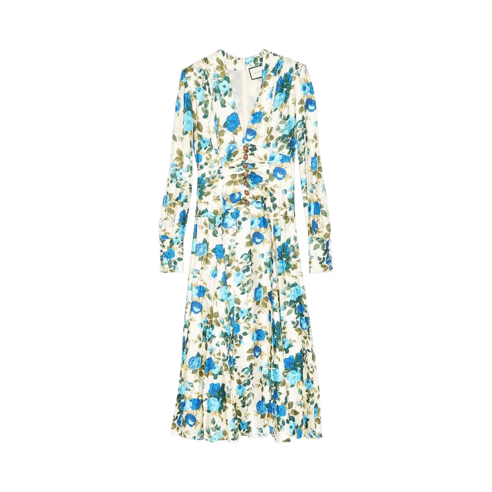 Gucci Floral Print Silk Twill Midi Dress Blue/Ivory