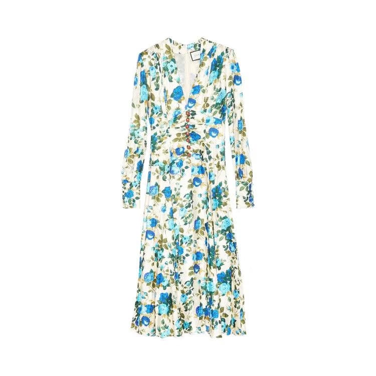 Gucci Floral Print Silk Twill Midi Dress Blue/Ivory