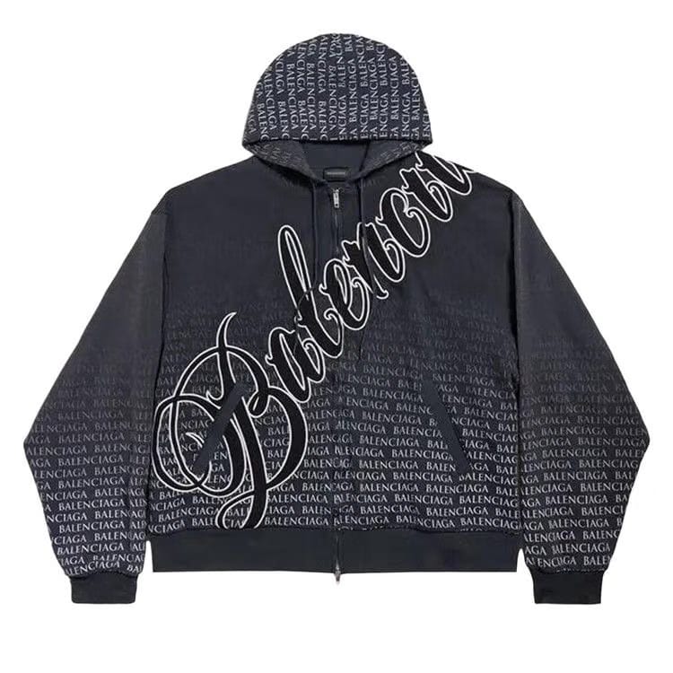 Balenciaga Oversized Zip-Up Hoodie Washed Black/White