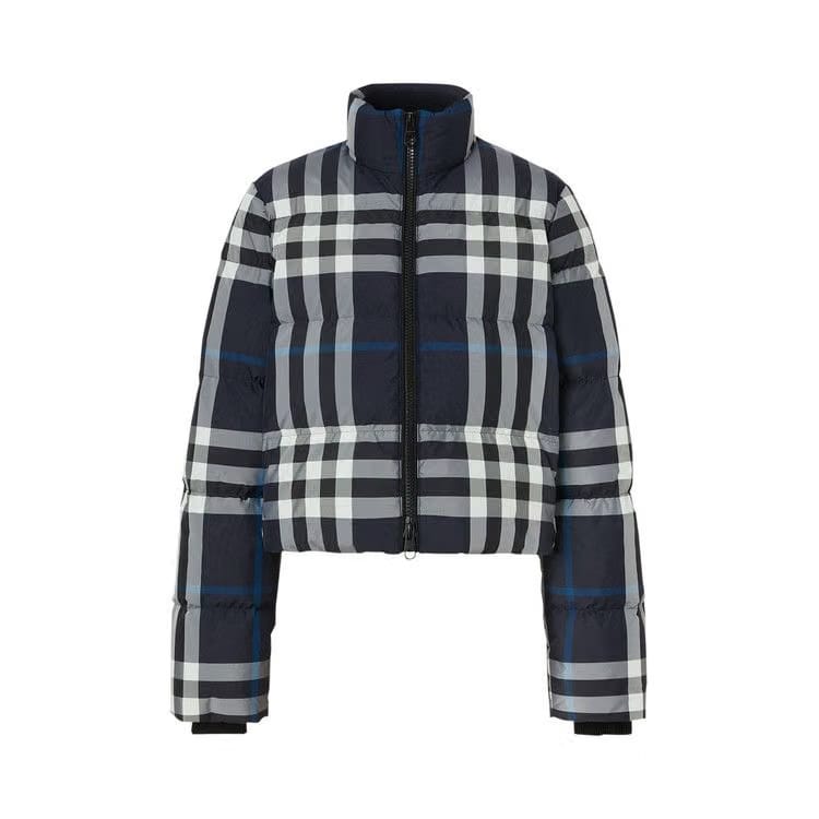 Burberry Night Check Cropped Puffer Jacket Dark Charcoal Blue/White