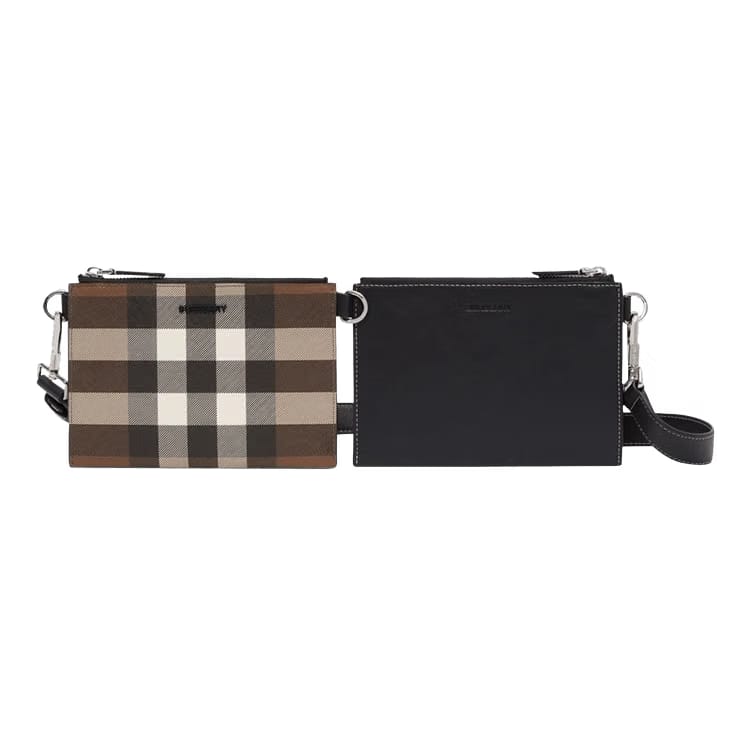 Burberry Check And Leather Link Pouch Crossbody Bag Dark Birch Brown