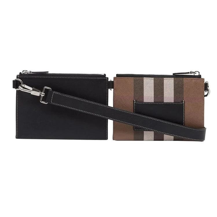 Burberry Check And Leather Link Pouch Crossbody Bag Dark Birch Brown