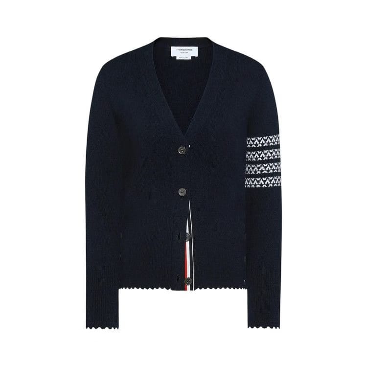 Thom Browne Holiday Hector Classic Fit V Neck Cardigan Navy