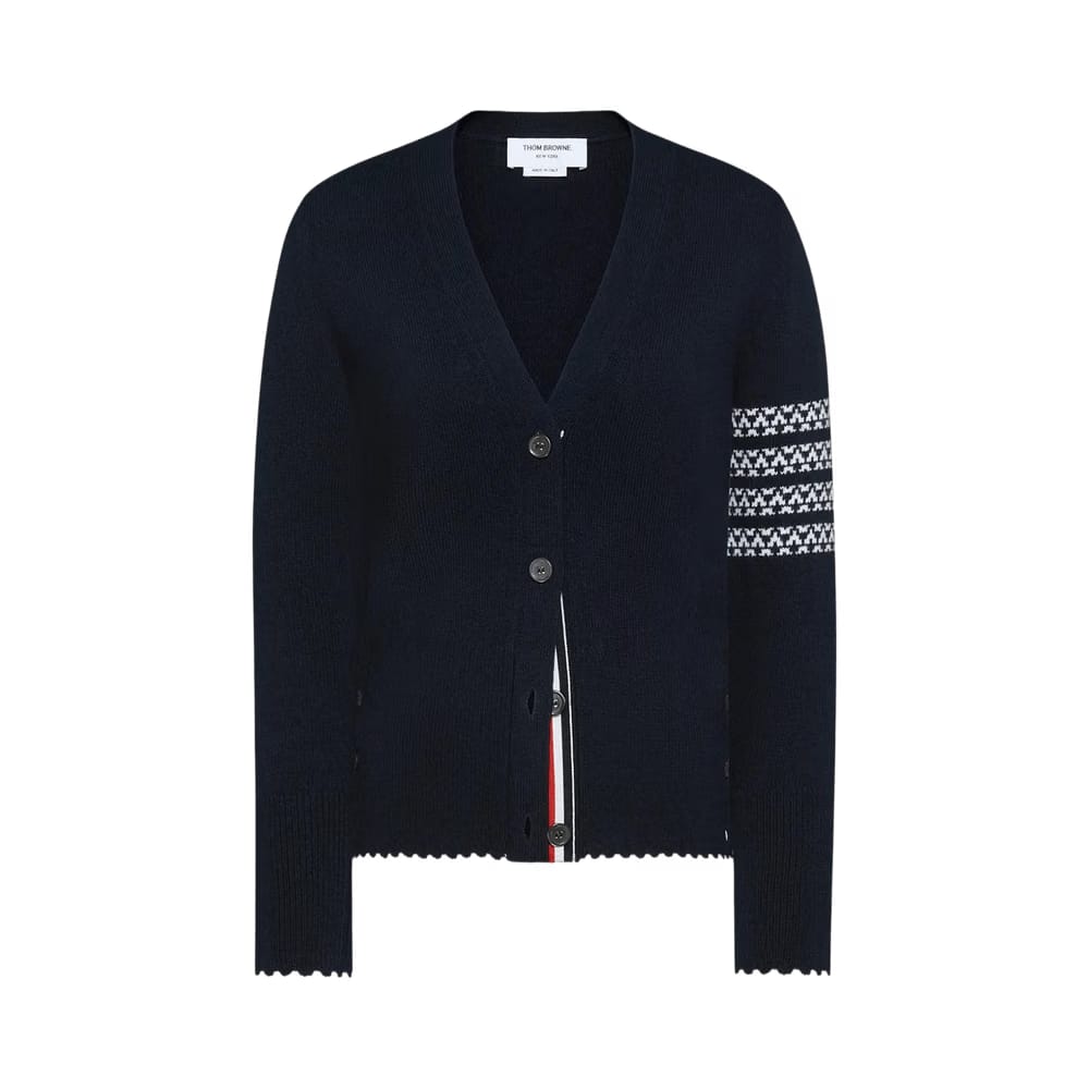 Thom Browne Holiday Hector Classic Fit V Neck Cardigan Navy
