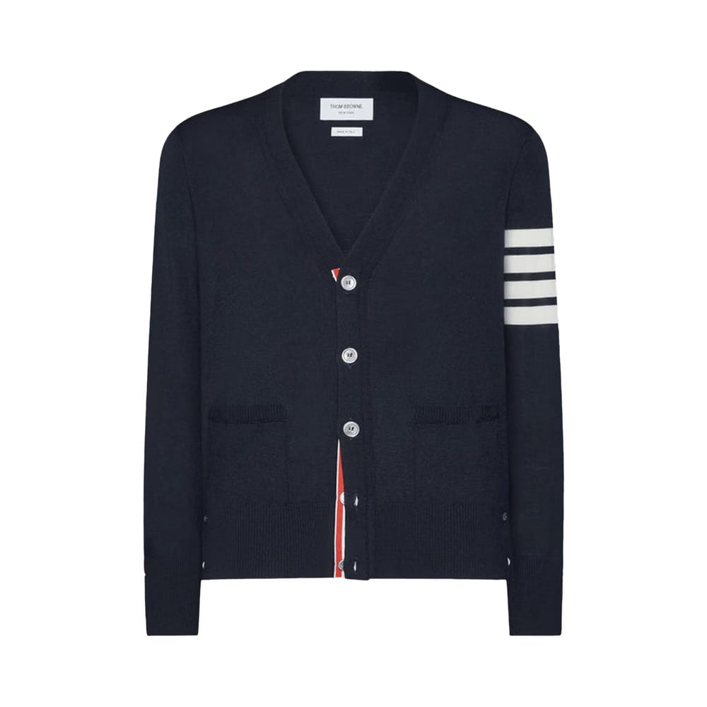 Thom Browne Classic V Neck Cardigan In Sustainable Fine Merino Wool Navy