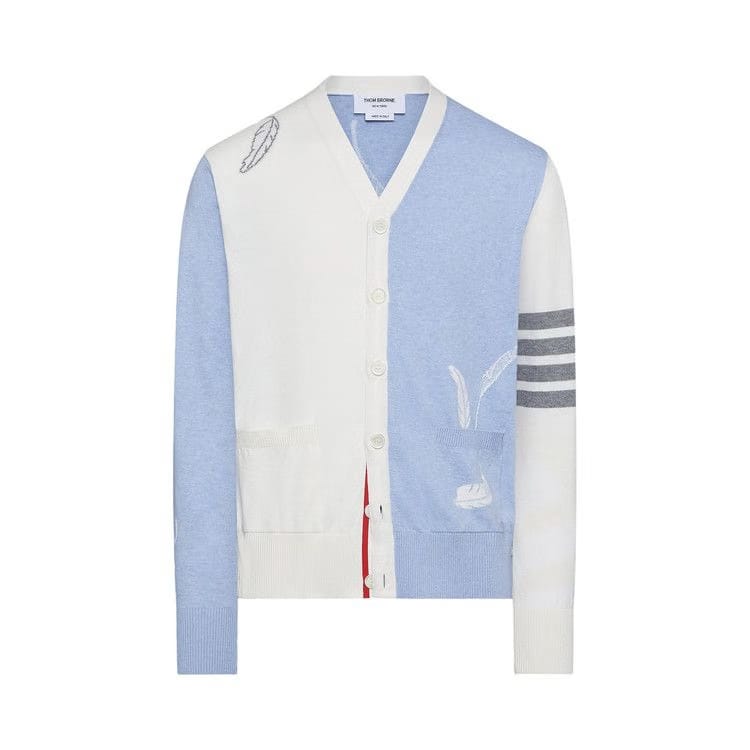 Thom Browne Funmix Feather Jersey Intarsia High V Neck Cardigan Light Blue