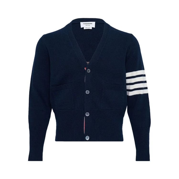 Thom Browne Wool Classic Fit V Neck Cardigan Navy