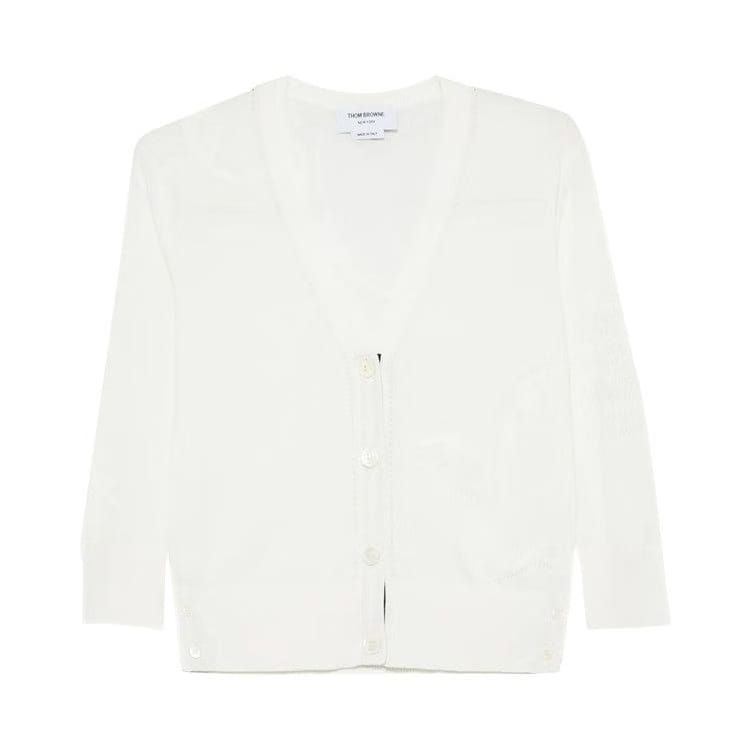 Thom Browne Feather Jersey Intarsia Mix Stitch 3/4 Sleeve V Neck Cardigan White