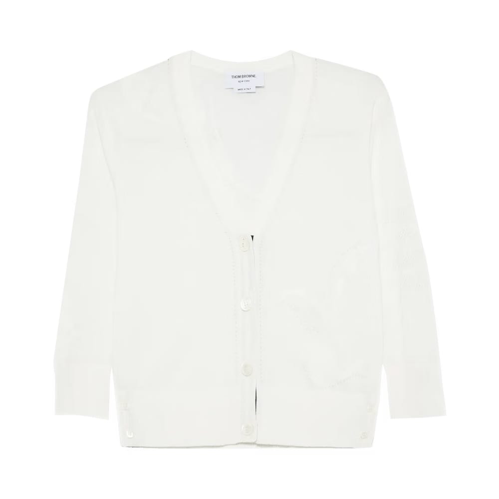 Thom Browne Feather Jersey Intarsia Mix Stitch 3/4 Sleeve V Neck Cardigan White