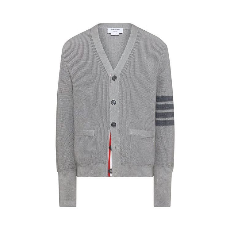 Thom Browne Tonal 4 Bar Stripe V Neck Cardigan Light Grey
