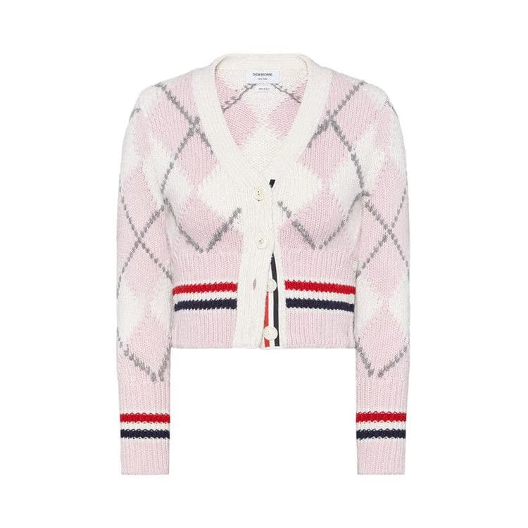 Thom Browne Argyle Intarsia Merino Wool Shrunken Cardigan Light Pink