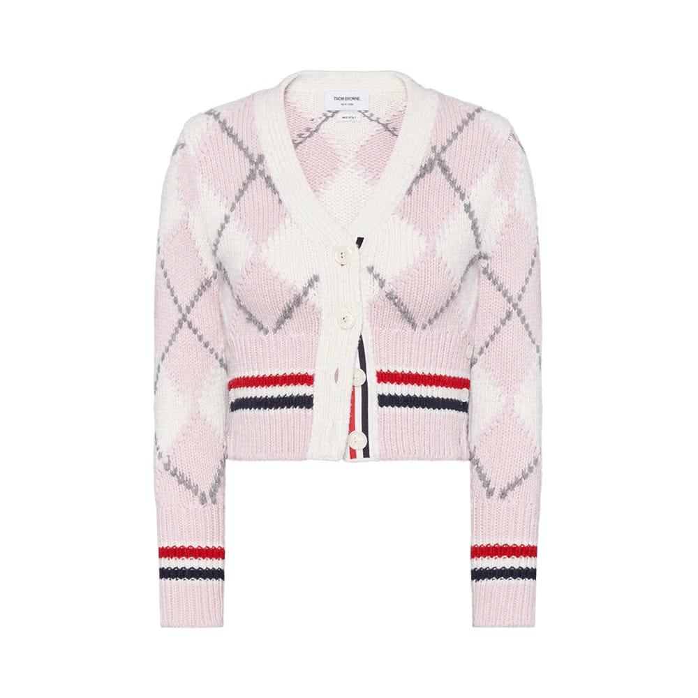 Thom Browne Argyle Intarsia Merino Wool Shrunken Cardigan Light Pink