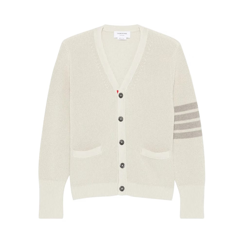 Thom Browne Tonal 4 Bar Stripe V Neck Cardigan Beige