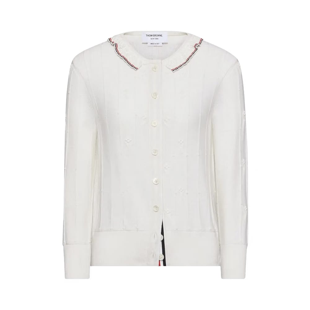 Thom Browne Merino Wool Crewneck Cardigan White