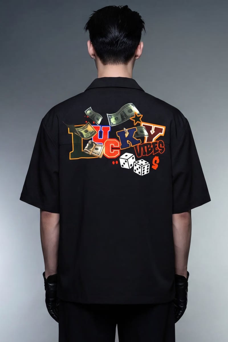 Off Supply Lucky Vibes Black Bowling Shirt