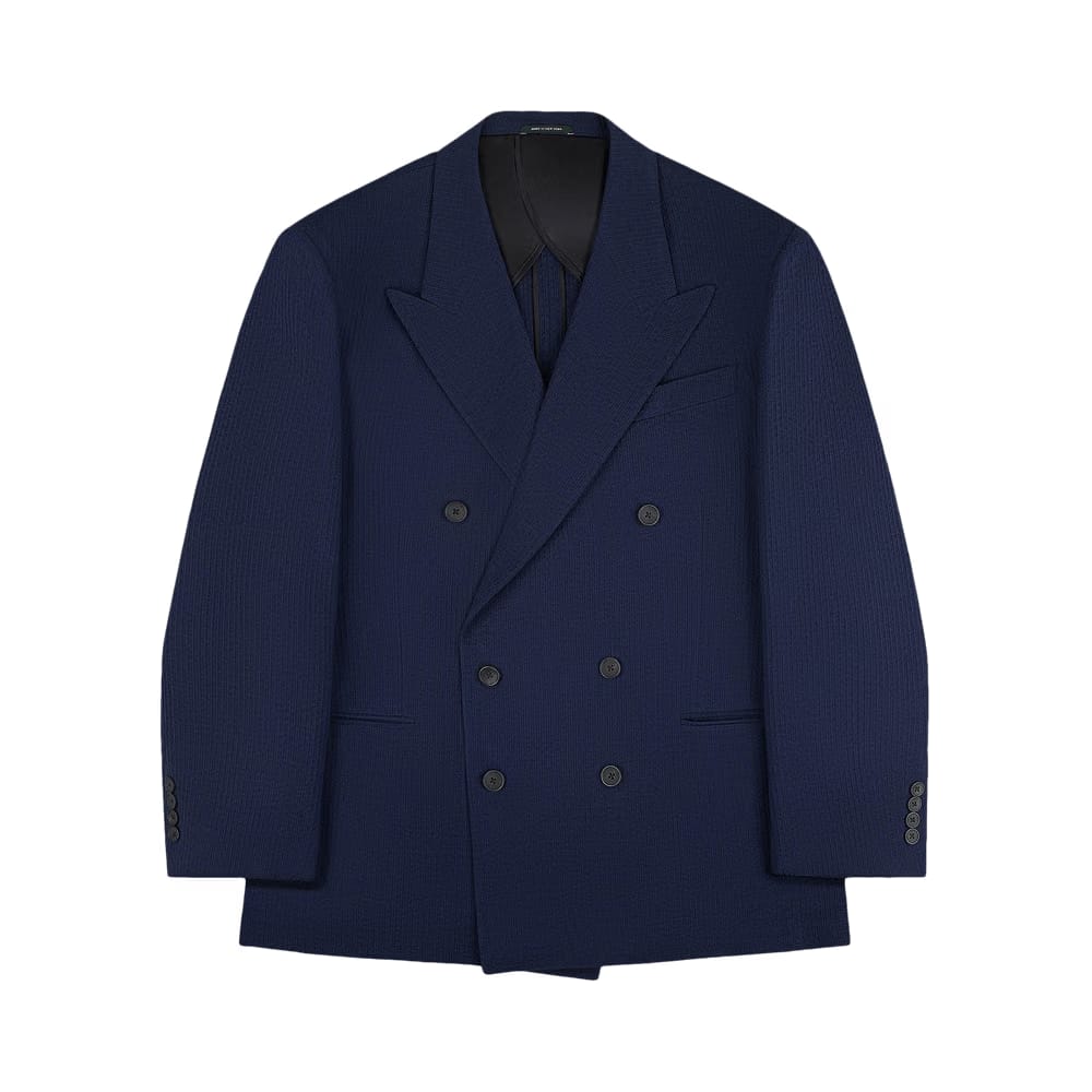 Aimé Leon Dore Double-Breasted Wool Seersucker Suit Jacket Navy