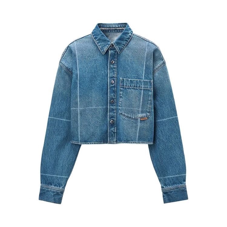 Alexander Wang Cropped Button Down Shirt W/ Faded Fold Lines Vintage Marbled Blue