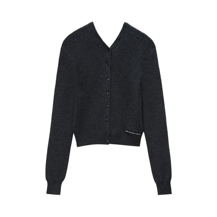 Alexander Wang Knit Logo Label High Neck Button Up Cardigan Charcoal