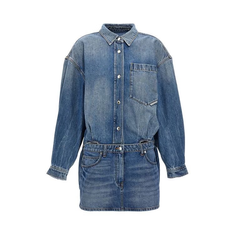 Alexander Wang Long-Sleeve Prestyle Mini Shirt Dress Vintage Light Indigo