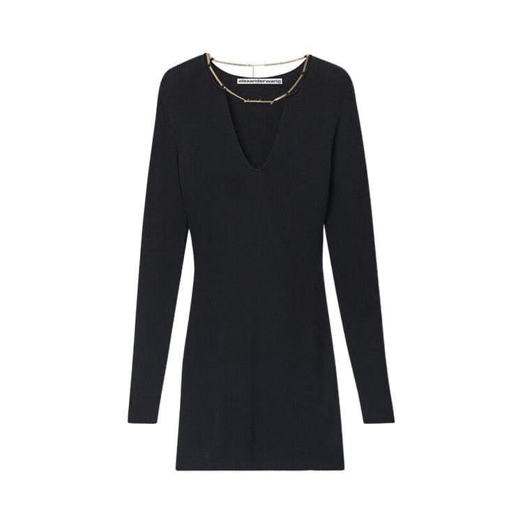 Alexander Wang Long-Sleeve V-Neck Mini Dress W/ Nameplate Chain Black