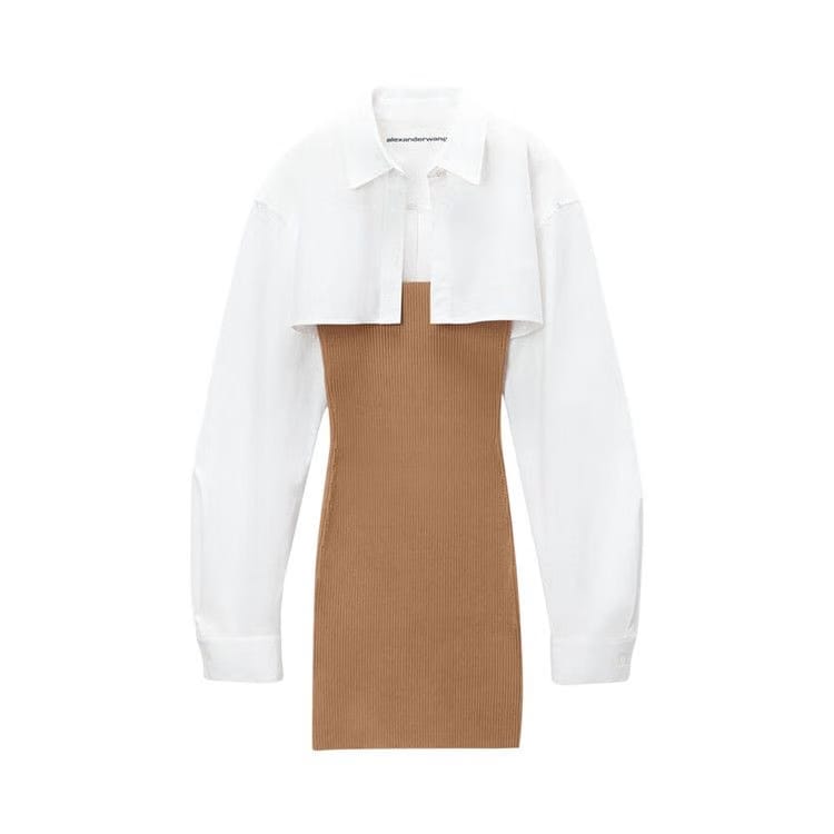 Alexander Wang Ribbed Cami Dress W/ Cropped Button Up Long-Sleeve Shirt Camel/White