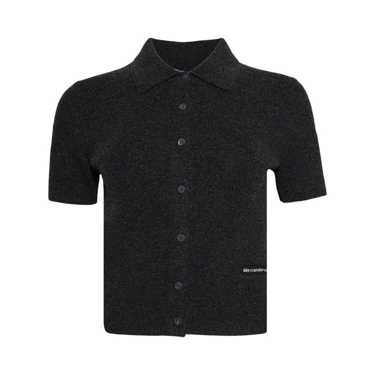 Alexander Wang Shorts-Sleeve Polo Cardigan W/ Knit Logo Patch Charcoal