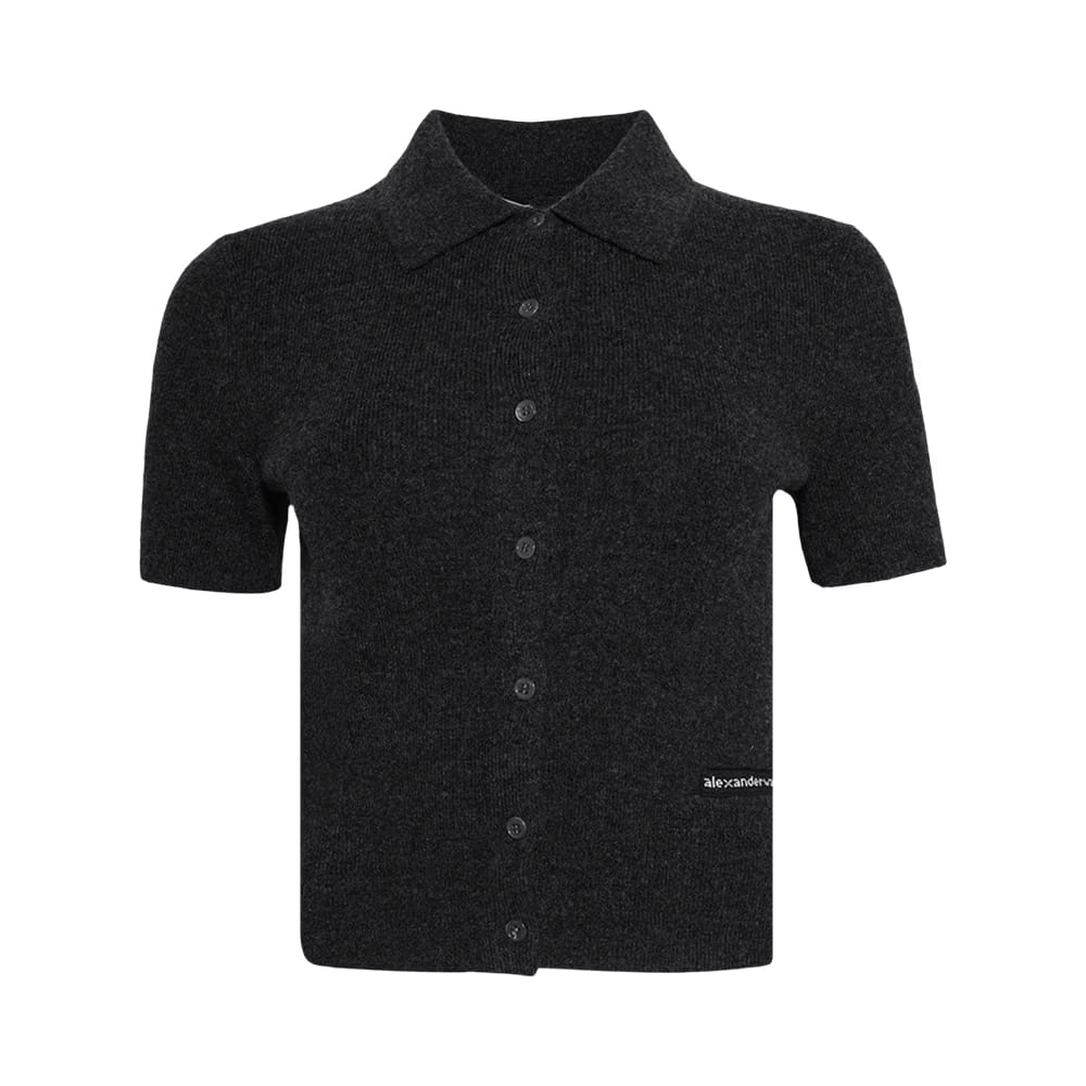 Alexander Wang Shorts-Sleeve Polo Cardigan W/ Knit Logo Patch Charcoal