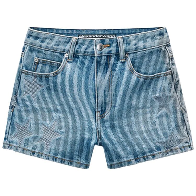 Alexander Wang Stars & Stripes Laser Print Hotfix Shorts Vintage Medium Indigo