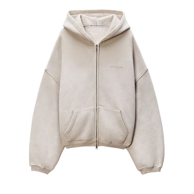 Alexander Wang Zip Up Hoodie with Allover Hotfix Washed Khaki