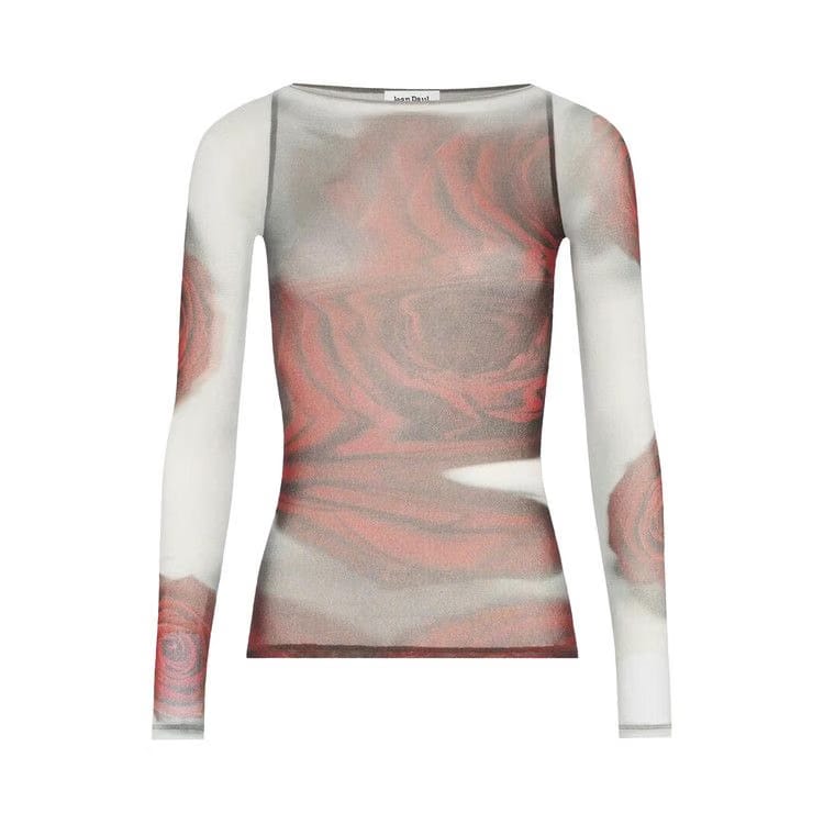 Jean Paul Gaultier Mesh Boat Neck Top With Long-Sleeve White/Grey/Red